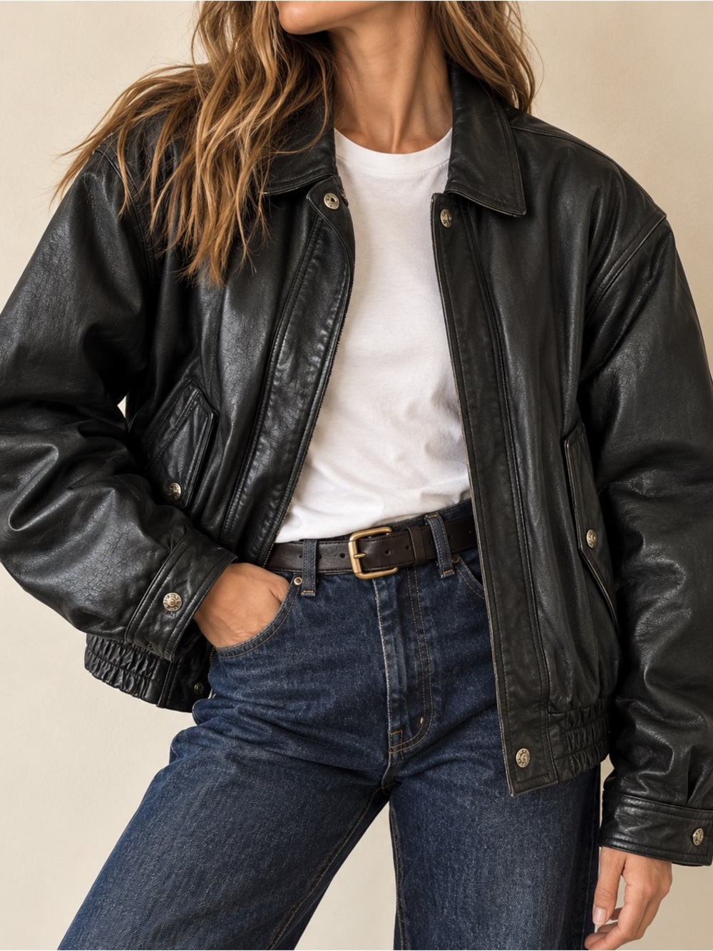 Genuine Black Leather Bomber Jacket St. John’s Bay M Oversized Unisex